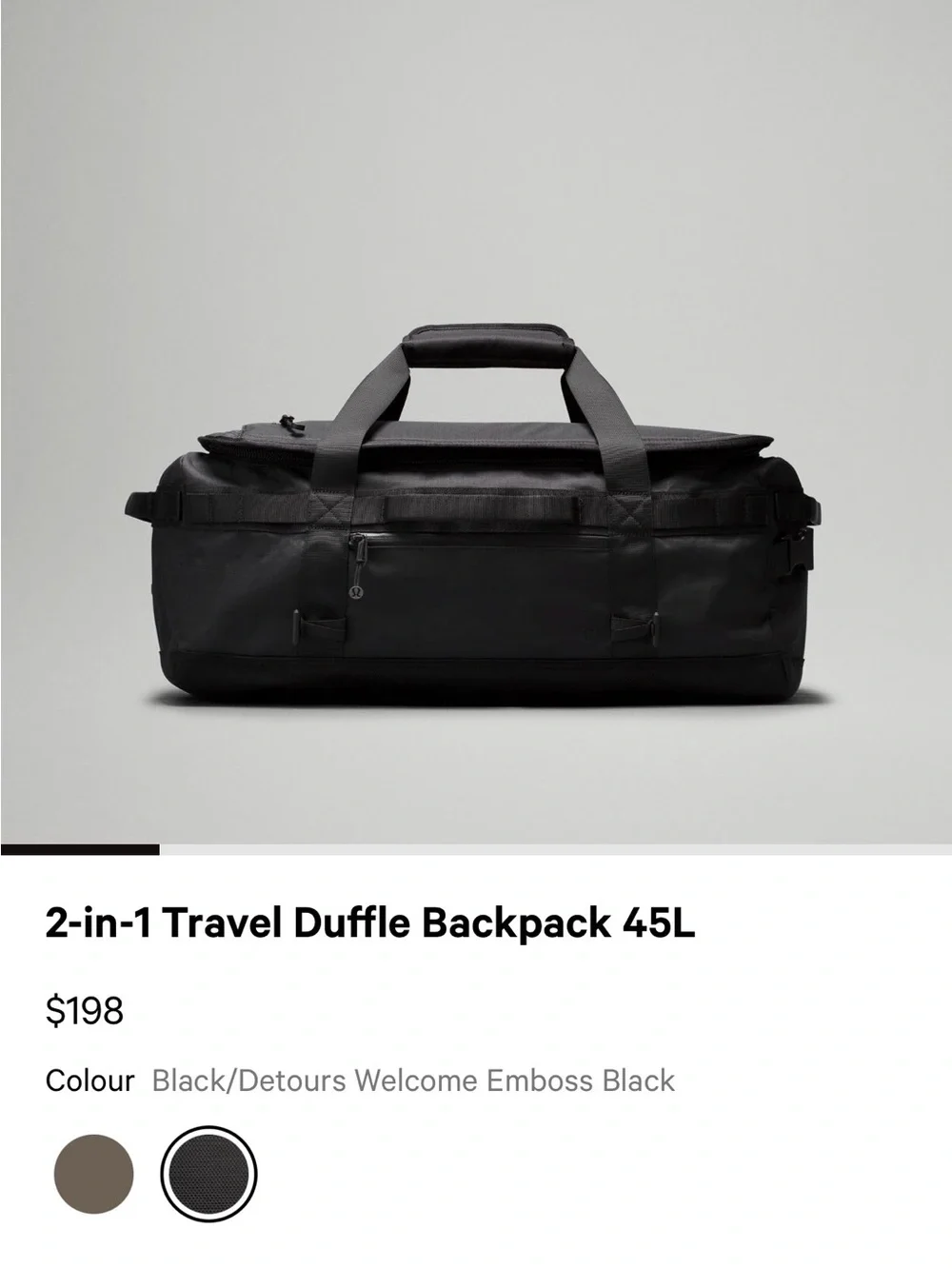 lululemon athletica Black Duffel with Subtle Logo